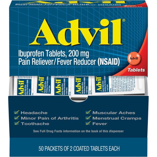 Advil Pain Reliever Medicine & Fever Reducer with Ibuprofen 200mg, 50 Packets of  2 Coated Tablets each