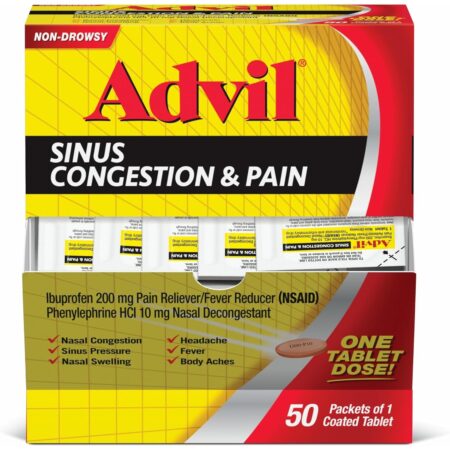 Advil Sinus Congestion, Pain Reliever & Fever Reducer, 0.06 Oz Each, 50 Packets of 1 Coated Tablet