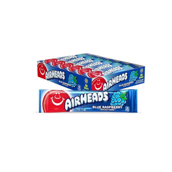 Airheads Candy, Blue Raspberry Flavor, Individually Wrapped Full Size Bars, 1.56 Oz Each, Pack of 36