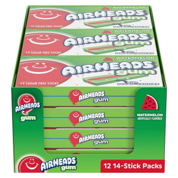 Airheads Candy, Chewing Gum, Watermelon Flavor, 1.38 Oz each, 14 Sticks per Pack, Pack of 12