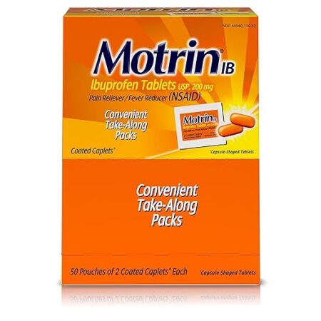 Motrin IB Ibuprofen Tablets, USP, 200 mg, 0.01 Oz each, 50 Pouches of 2 coated caplets