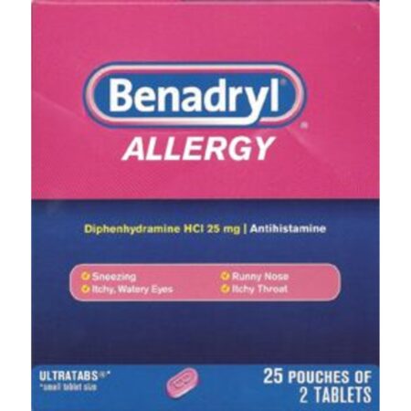 Benadryl Ultratabs Go Packs, Antihistamine Allergy Medicine, 0.03 Oz each, 25 Packets of 2 Tablets