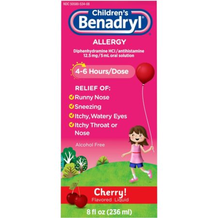 Benadryl Children's Allergy Relief Liquid Medicine, Cherry Flavor, 8 fl. oz, Pack of 1