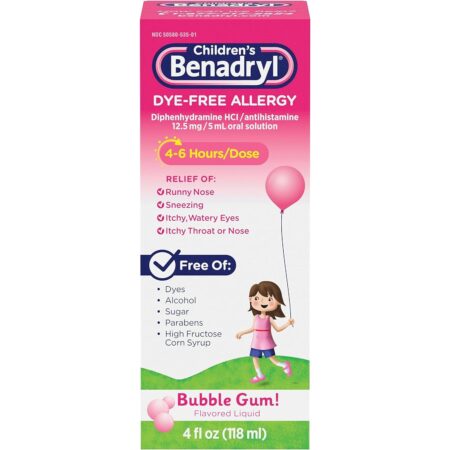 Benadryl Children's Dye-Free Allergy Liquid Medication, Bubble Gum Flavor, 4 fl. oz, Pack of 1