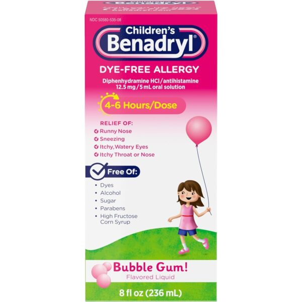 Benadryl Children's Dye-Free Allergy Liquid Medication, Bubble Gum Flavor, 8 fl. oz, Pack of 1