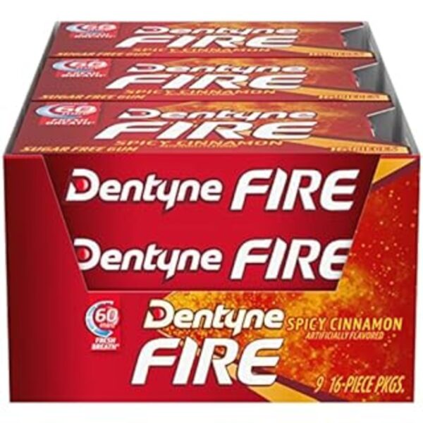 Dentyne Fire Sugar Free Gum Spicy Cinnamon, Pack of 9