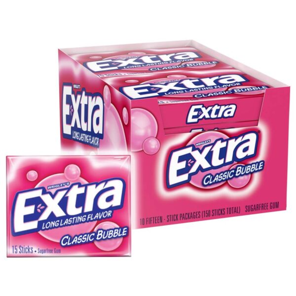 Extra Bubble Gum Sugarfree Gum, 15 Count Per Pack, 0.76 Each, Pack of 10