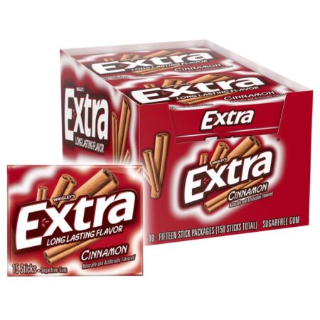 Extra Cinnamon Sugarfree Gum, 15 Count Per Pack, 0.76 Each, Pack of 10