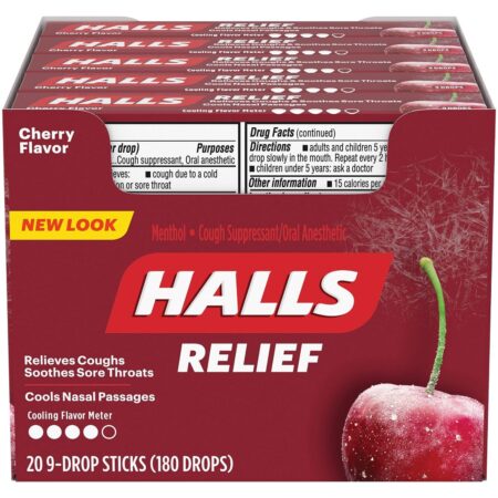 HALLS Relief Cough Drops, Cherry Flavor, 1.16 Oz each, 9 Drops per Pack, Pack of 20