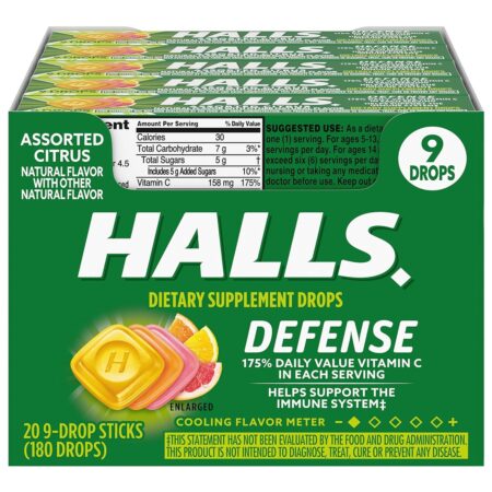 HALLS Defense Assorted Citrus Vitamin C Cough Drops, 1.16 Oz each, 9 Drops per Pack, Pack of 20