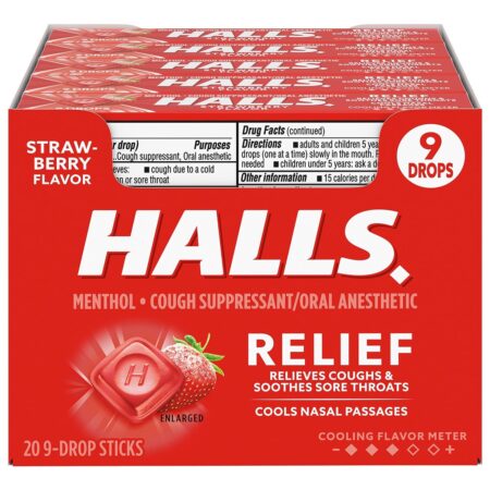 HALLS Relief Cough Drops, Strawberry Flavor, 1.16 Oz each, 9 Drops per Pack, Pack of 20