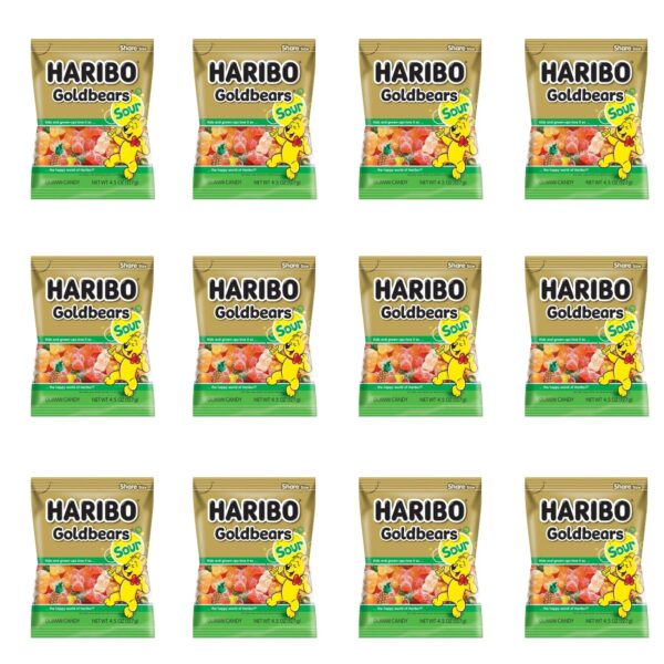 Haribo Gummi Candy, Sour Gold-Bears, 4 Oz Each, Pack of 12