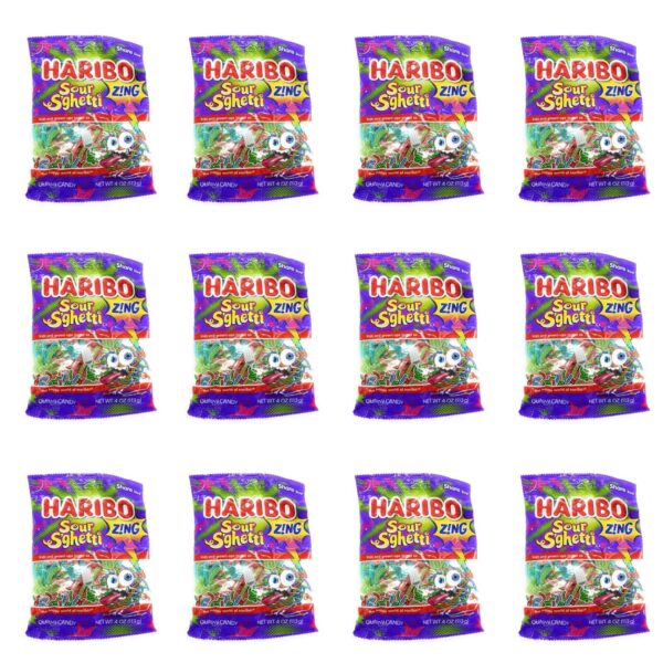 Haribo Gummi Candy, Sour Sghetti Gold-Bears, 4 Oz Each, Pack of 12