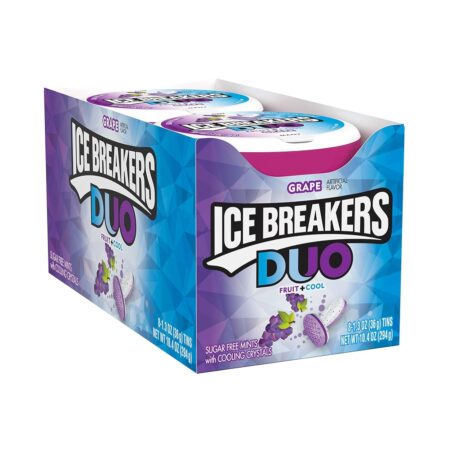 ICE BREAKERS Duo Fruit Plus Cool Grape Sugar Free Breath Mints Tins, 1.3 oz, Pack of 8