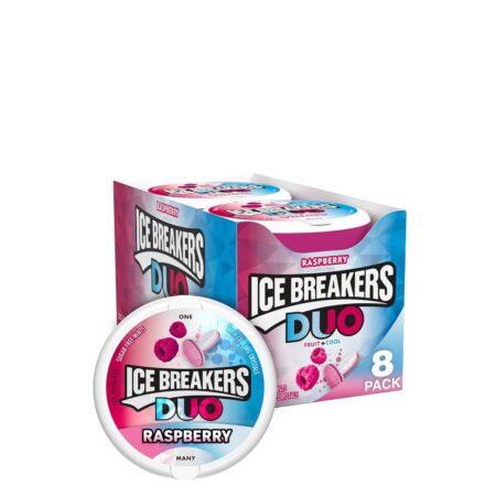 ICE BREAKERS Duo Fruit Plus Cool Raspberry Free Breath Mints Tins, 1.3 oz, Pack of 8