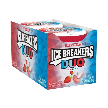 ICE BREAKERS Duo Fruit Plus Cool Strawberry Sugar Free Breath Mints Tins, 1.3 oz, Pack of 8