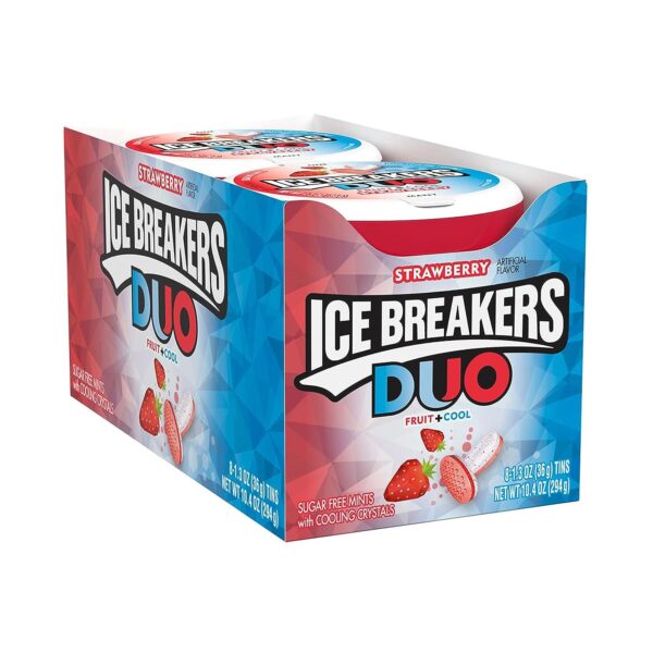 ICE BREAKERS Duo Fruit Plus Cool Strawberry Sugar Free Breath Mints Tins, 1.3 oz, Pack of 8