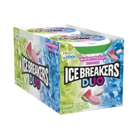 ICE BREAKERS Duo Fruit Plus Cool Watermelon Sugar Free Breath Mints Tins, 1.3 oz, Pack of 8