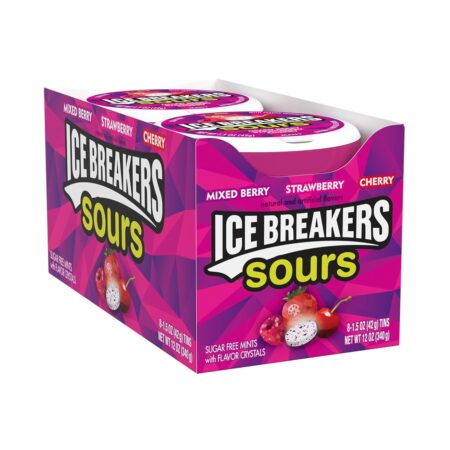 ICE BREAKERS Sour Berry Mixed Flavored Free Breath Mints Tins, 1.5 oz, Pack of 8