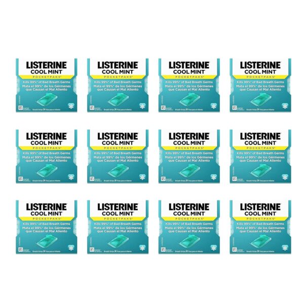 Listerine Cool Mint Pocketpaks Breath Strips Kills Bad Breath Germs, 24-Strip each Pack, Pack of 12