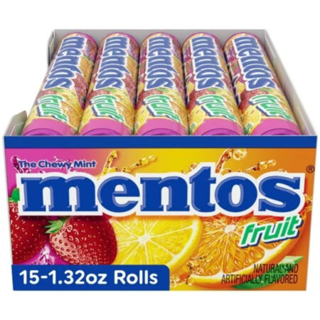 Mentos Chewy Mint Candy Roll, Fruit Flavor, 14 Count Per Pack, 1.32 Oz Each Pack, Pack of 15