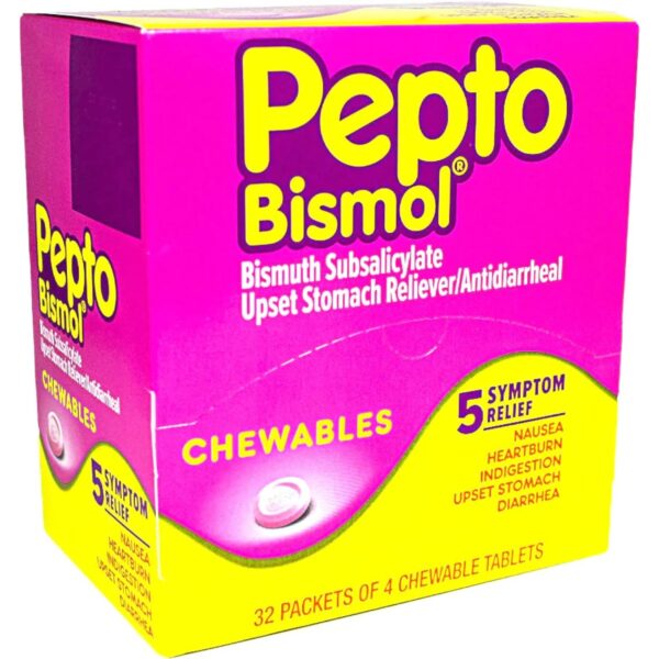 Pepto Bismol Chewables Dispenser, 5 Symptoms Relief, 0.23 Oz each, 32 Packets of 4 Chewable Tablets