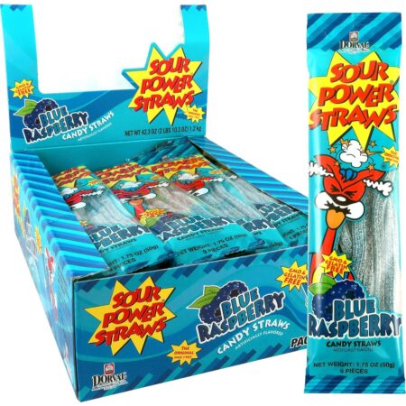 Sour Power Candy Straws, Blue Raspberry Straws, 1.75 Oz Per Pack, Pack of 24