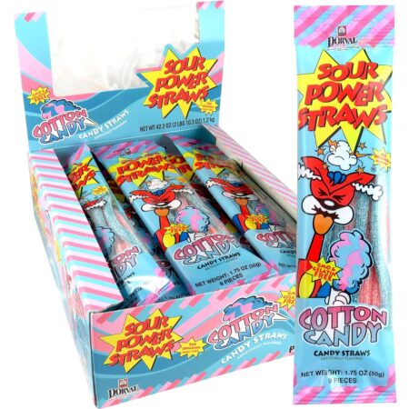 Sour Power Candy Straws, Cotton Candy Straws, 1.75 Oz Per Pack, Pack of 24