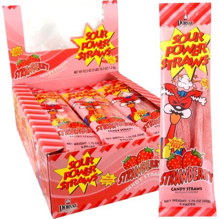 Sour Power Candy Straws, Strawberry Straws, 1.75 Oz Per Pack, Pack of 24