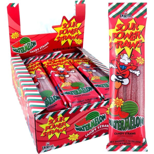 Sour Power Candy Straws, Watermelon Straws, 1.75 Oz Per Pack, Pack of 24