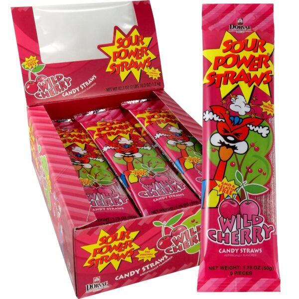 Sour Power Candy Straws, Wild Cherry Straws, 1.75 Oz Per Pack, Pack of 24