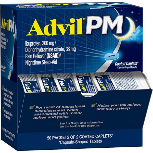 Advil PM Pain Reliever and Nighttime Sleep Aid, 0.064 Oz each, 50 Packets of 2 Coated Caplets