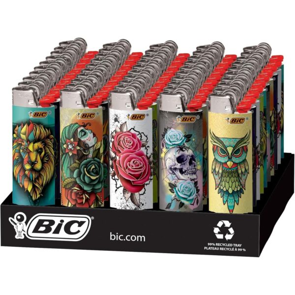 BIC Maxi Pocket Lighter, Special Edition Tattoos Collection, Assorted Unique Lighter Designs, 50 Count Tray of Lighters