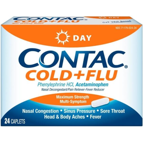 Contac Cold & Flu Medicine, Non-Drowsy Multi-Symptom, 0.02 Each, Pack of 24 Caplets