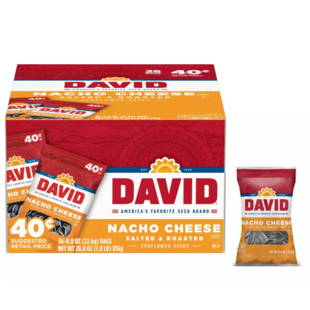 David Nacho Cheese Salted & Raosted Sunflower Seeds, 0.8oz each, Pack of 36 Count