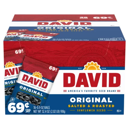 David Sunflower Seeds Original, Salted & Roasted, 0.8 Oz each, Pack of 36 Count