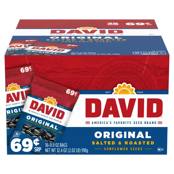 David Sunflower Seeds Original, Salted & Roasted, 0.8 Oz each, Pack of 36 Count