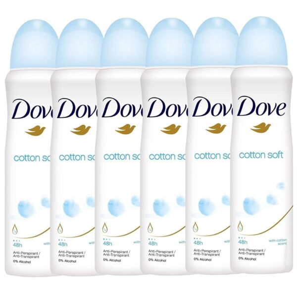 DOVE Antiperspirant 48 Hours Body Spray, Cotton Soft, 5 Fl.Oz (150 ML) each, Pack of 6