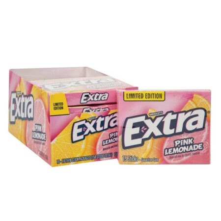 Extra Pink Lemonade Sugarfree Gum, 15 Count Per Pack, 0.76 Oz Each, Pack of 10