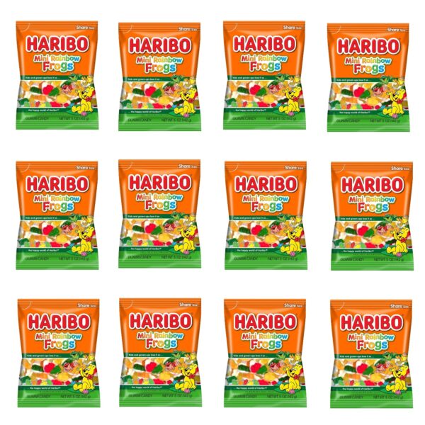 HARIBO Gummi Candy, Mini Rainbow Frogs, 5 oz Bag, Pack of 12