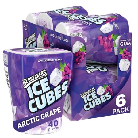 ICE BREAKERS Ice Cubes Sugar Free Chewing Gum Bottles, Arctic Grape Flavor, 3.24 oz, 6 Packs of 40 Pieces