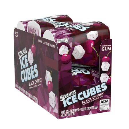 ICE BREAKERS Ice Cubes Sugar Free Chewing Gum Bottles, Black Cherry Flavor, 3.24 oz, 6 Packs of 40 Pieces