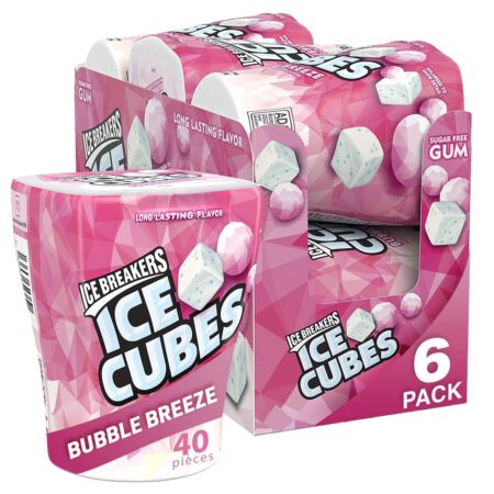 ICE BREAKERS Ice Cubes Sugar Free Chewing Gum Bottles, Bubble Breeze Flavor, 3.24 oz, 6 Packs of 40 Pieces