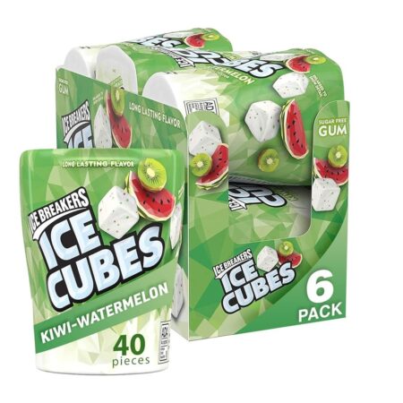 ICE BREAKERS Ice Cubes Sugar Free Chewing Gum Bottles, Kiwi Watermelon Flavor, 3.24 oz, 6 Packs of 40 Pieces