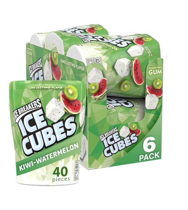 ICE BREAKERS Ice Cubes Sugar Free Chewing Gum Bottles, Kiwi Watermelon Flavor, 3.24 oz, 6 Packs of 40 Pieces