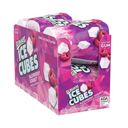 ICE BREAKERS Ice Cubes Sugar Free Chewing Gum Bottles, Raspberry Sorbet Flavor, 3.24 oz, 6 Packs of 40 Pieces