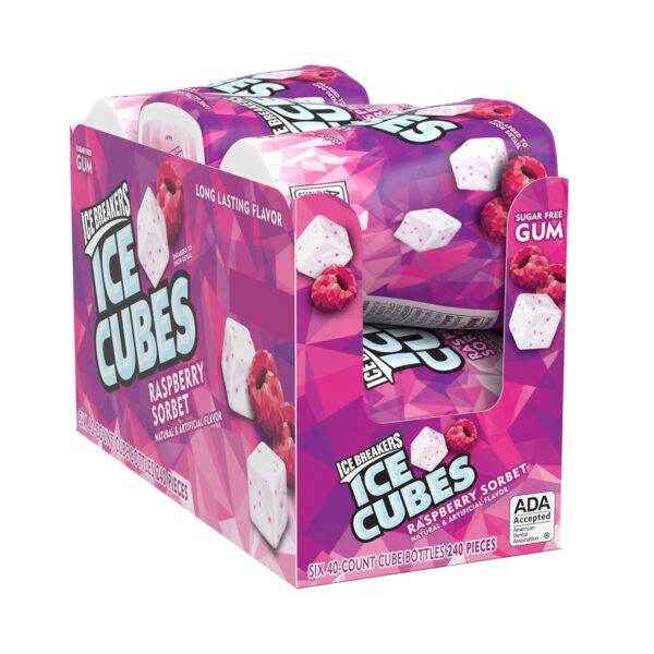 ICE BREAKERS Ice Cubes Sugar Free Chewing Gum Bottles, Raspberry Sorbet Flavor, 3.24 oz, 6 Packs of 40 Pieces