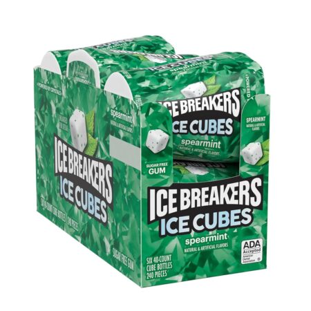 ICE BREAKERS Ice Cubes Sugar Free Chewing Gum Bottles, Spearmint Flavor, 3.24 oz, 6 Packs of 40 Pieces