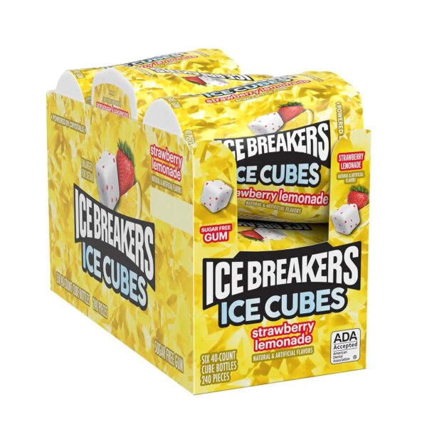 ICE BREAKERS Ice Cubes Sugar Free Chewing Gum Bottles, Strawberry Lemonade Flavor, 3.24 oz, 6 Packs of 40 Pieces