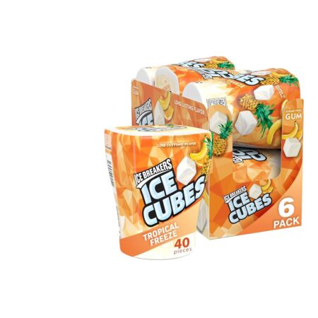 ICE BREAKERS Ice Cubes Sugar Free Chewing Gum Bottles, Tropical Freeze Flavor, 3.24 oz, 6 Packs of 40 Pieces